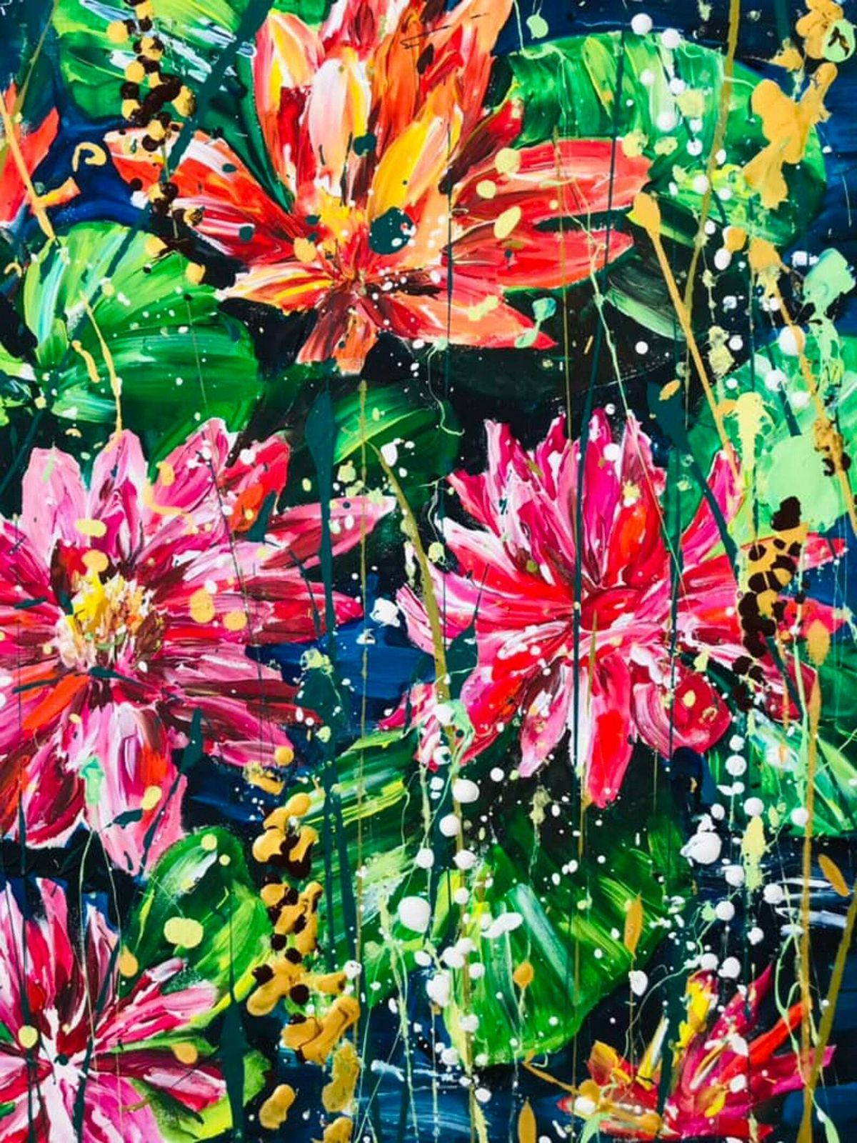 Pollyanna…Large Hand Painted Acrylic Original Lily Pad Floral Leaf Artwork. Green/Blue/Red/Pink/Orange ..Acrylic Paint On Canvas 90cm X 60cm photo 795.0