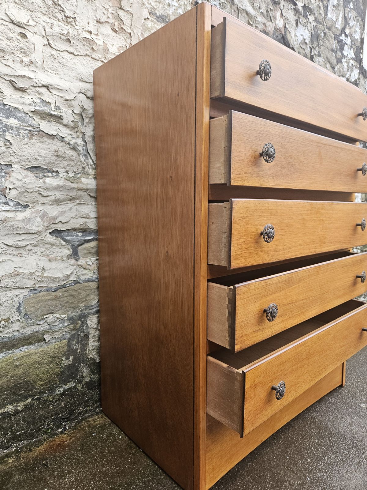 385.0 Vintage Oak Tallboy Chest Of Drawers: Cabinet With Detailing Five Drawer photo