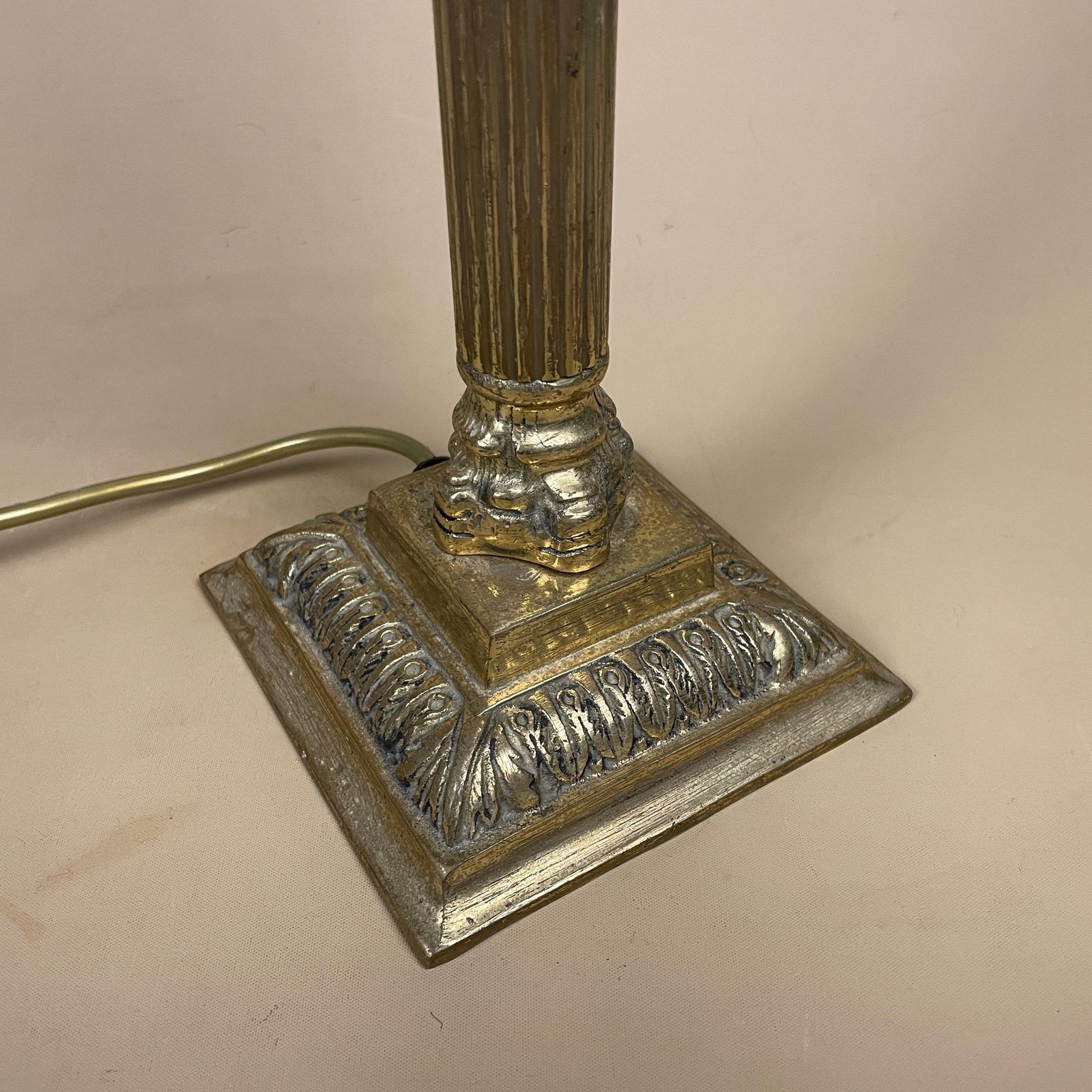 Antique Vintage Metal Gold Brass Lamp Light Bedside Side Table Desk Column Pillar Ornate Square Base Cottage Classic Old Patterned Elegant photo furniture