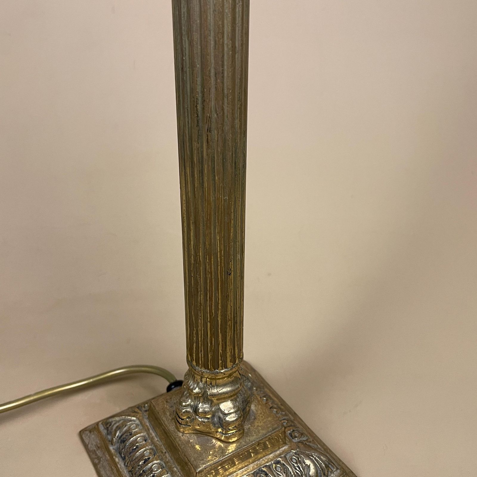 Antique Vintage Metal Gold Brass Lamp Light Bedside Side Table Desk Column Pillar Ornate Square Base Cottage Classic Old Patterned Elegant photo 89.0