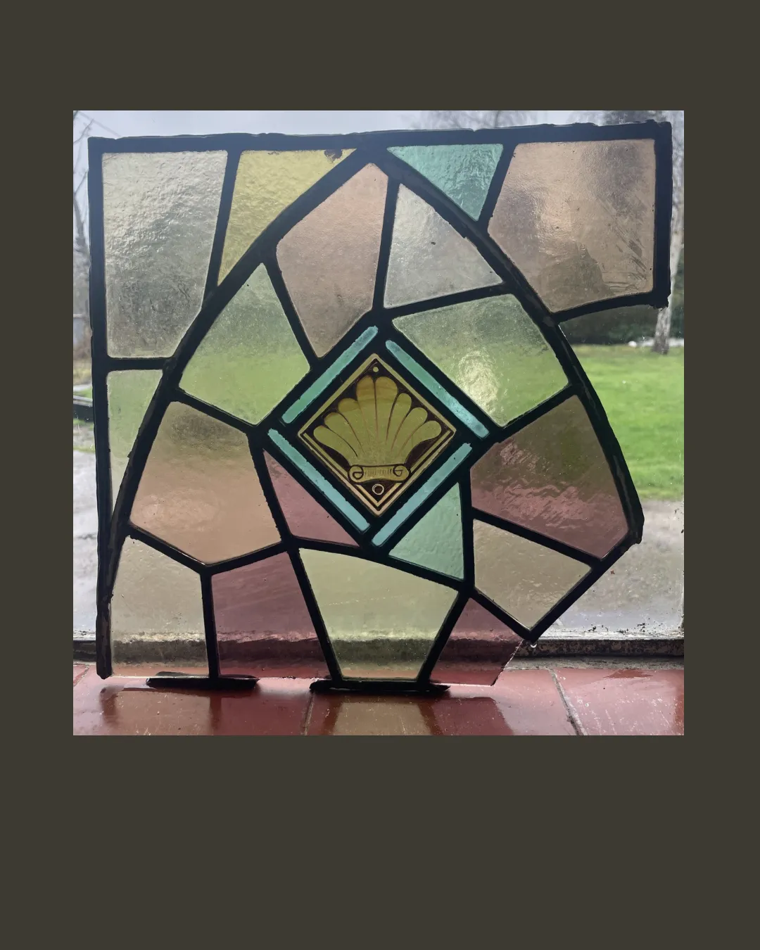 Victorian Stained Glass Window Fragment C1890 Central Hand Painted Shell Motif And Pastel Coloured Glass.