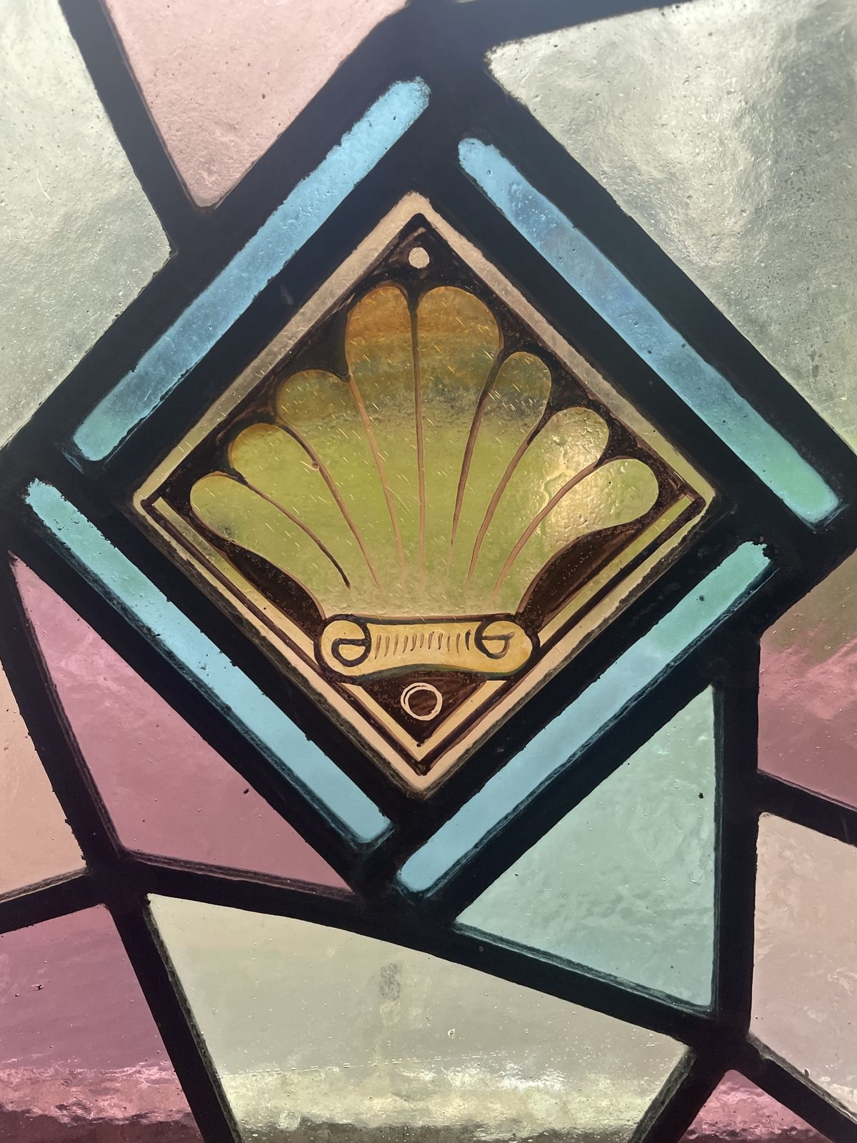 Victorian Stained Glass Window Fragment C1890 Central Hand Painted Shell Motif And Pastel Coloured Glass. photo for sale
