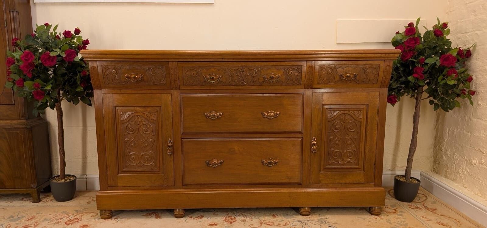 Rare Elegant Edwardian Solid Walnut Carved Sideboard