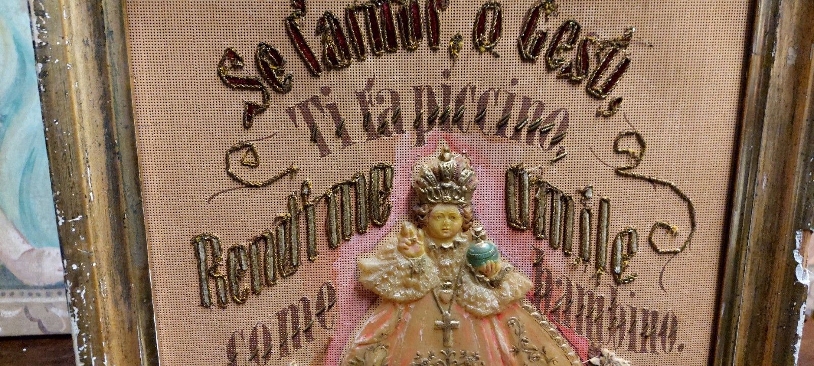 Devotional Embroidery Fabric 19th Century Jesus Child Prague photo furniture