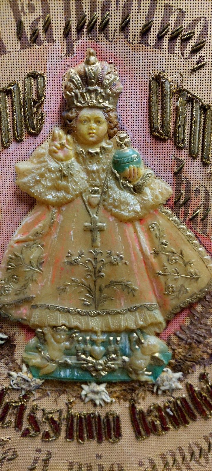Devotional Embroidery Fabric 19th Century Jesus Child Prague photo vintage