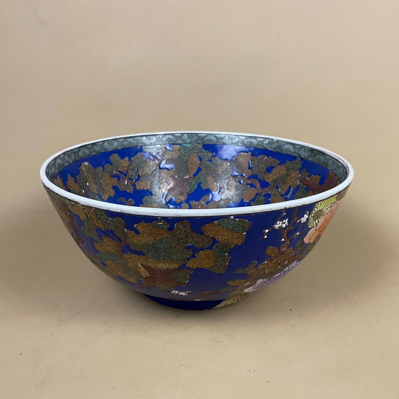 Oriental Ceramic Display Bowl Chinese Floral Design Round Centrepiece Blue Asian Pattern Patterned Hand Painted Tree Old Antique photo for sale