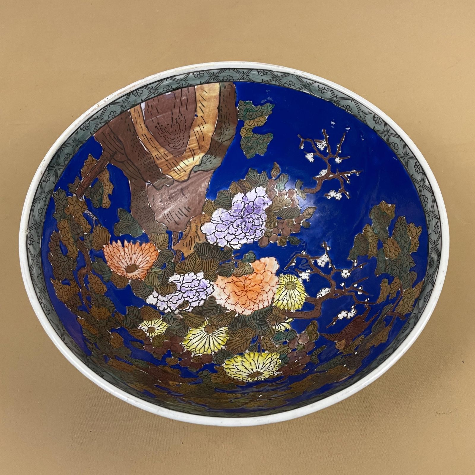 Oriental Ceramic Display Bowl Chinese Floral Design Round Centrepiece Blue Asian Pattern Patterned Hand Painted Tree Old Antique photo 79.0