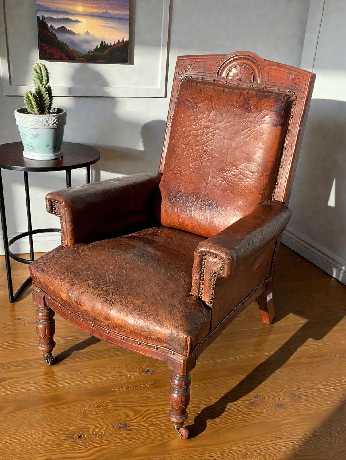 photo buy Antique Victorian Leather Library Chair On Castors C 1840's
