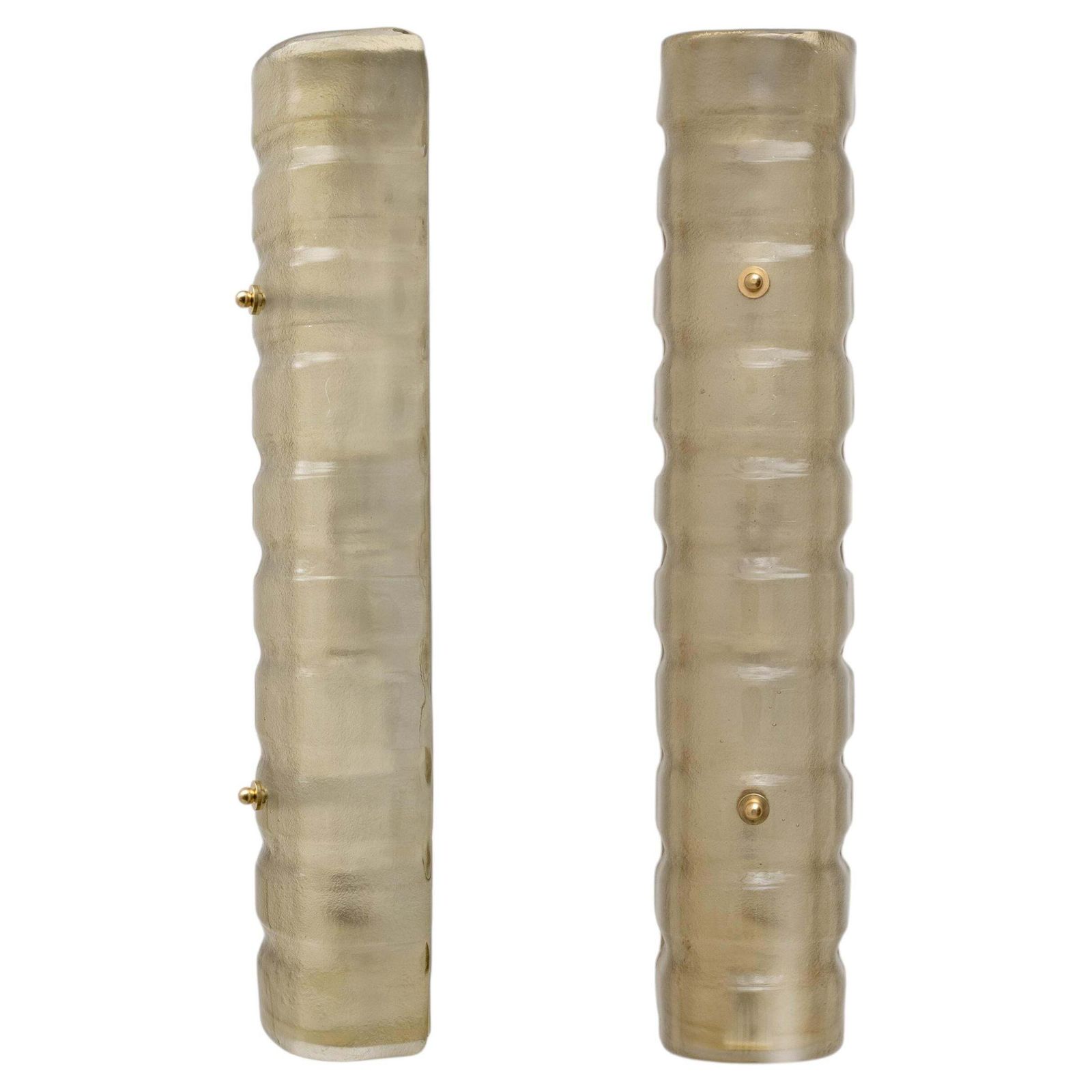 Pair Of Murano Gold Toned Frosted Glass And Brass Wall Sconces, Italy