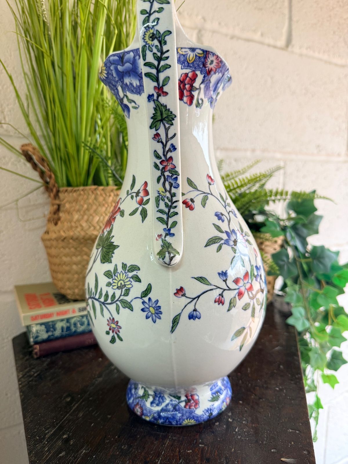 Rare Victorian Spode Floral Pitcher C.1900 | Large 33cm Jug | Heal & Son London | Blue Red Botanical photo for sale