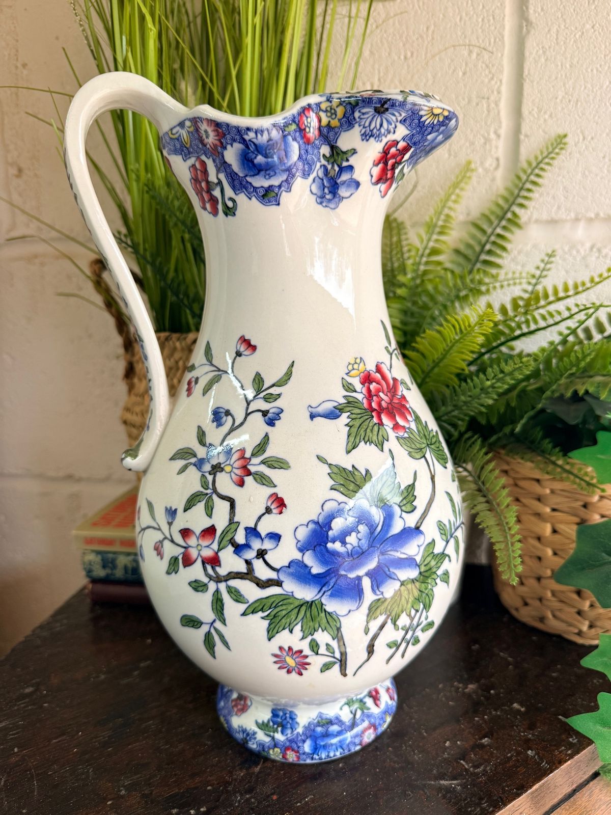 Rare Victorian Spode Floral Pitcher C.1900 | Large 33cm Jug | Heal & Son London | Blue Red Botanical