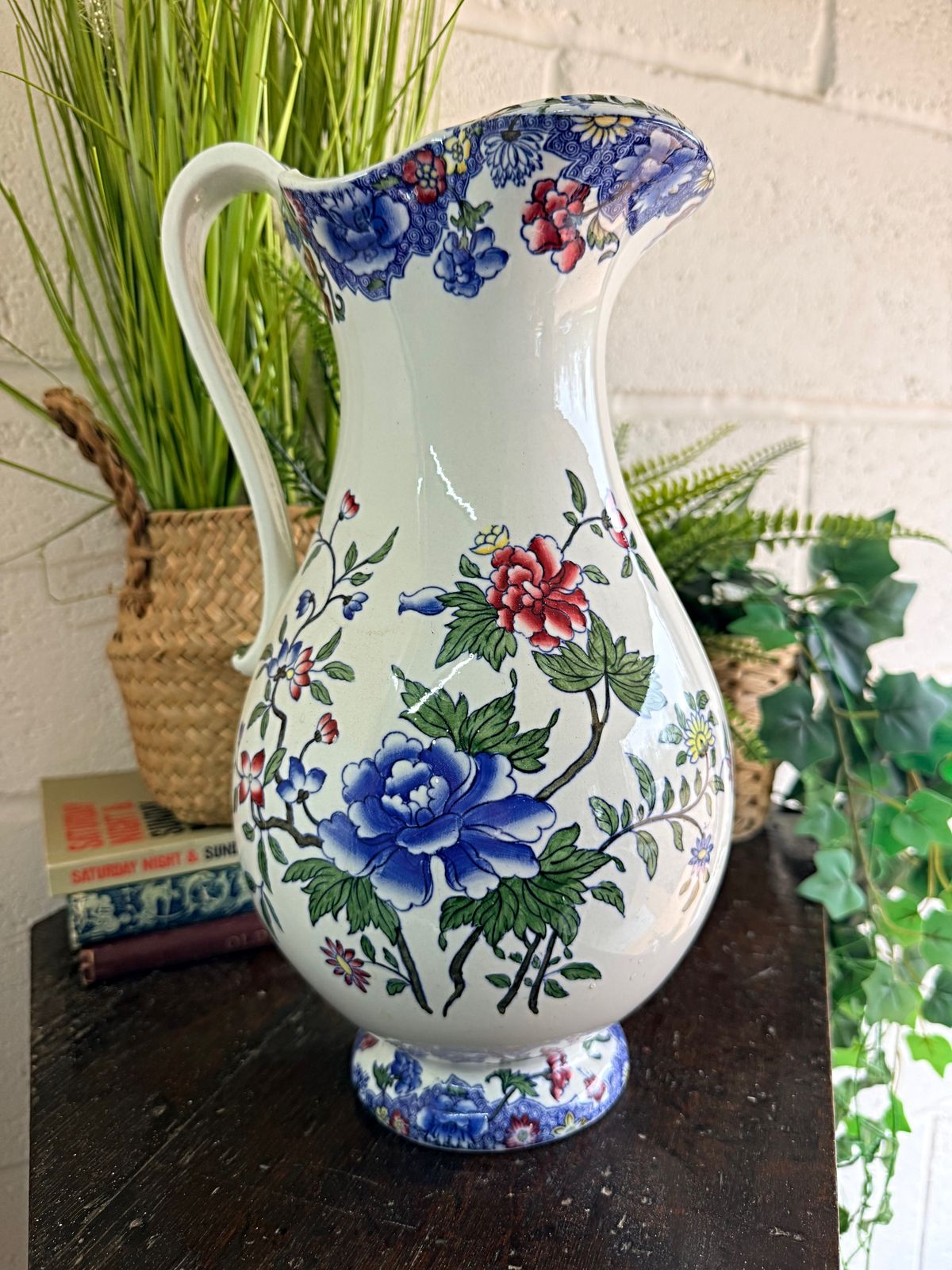 Rare Victorian Spode Floral Pitcher C.1900 | Large 33cm Jug | Heal & Son London | Blue Red Botanical photo vinterior