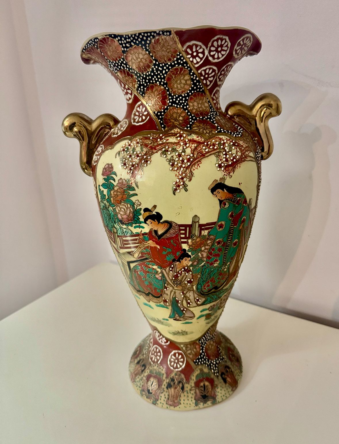 Pristine Pair Of Japanese Satsuma Style Vases   Mid Century Statement Pieces photo for sale