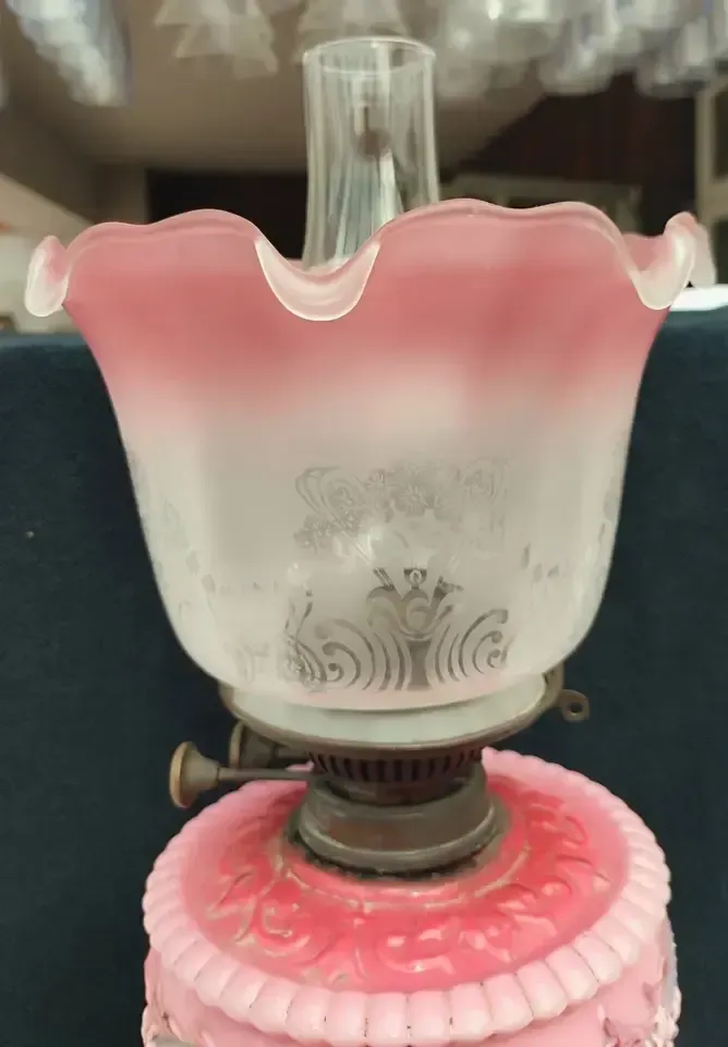 Stunning And Large Mid Victorian Cranberry Glass Oil Lamp, Duplex Wicks photo vinterior