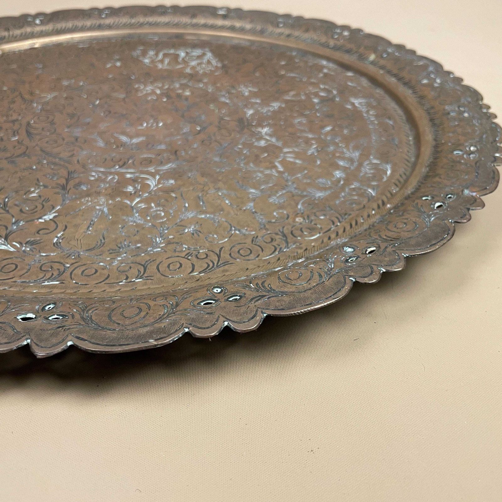 Antique Metal Gold Indian Patterned Brass Tray 40cm Plate Asian Handmade Etched Intricate Decorative Patterned Wall Art Round Vintage photo furniture