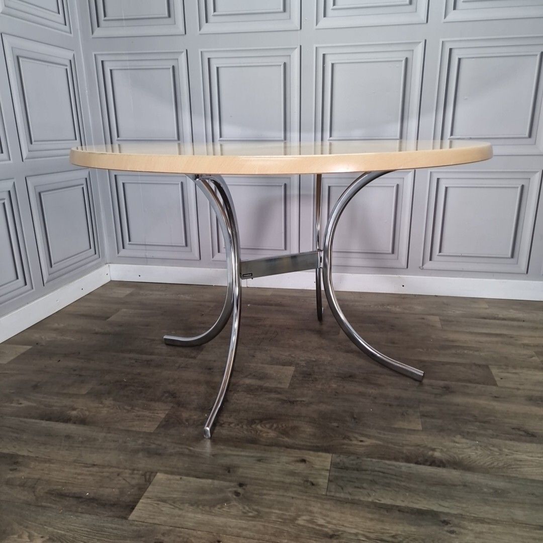 Retro Chrome Dining Table Modernist Round Frovi Wood Top Mid Century Modern photo furniture