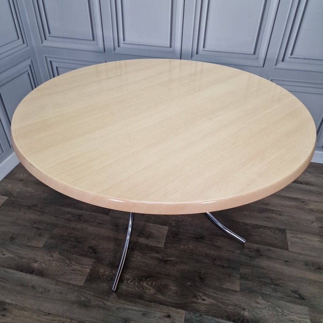Retro Chrome Dining Table Modernist Round Frovi Wood Top Mid Century Modern photo 290.0