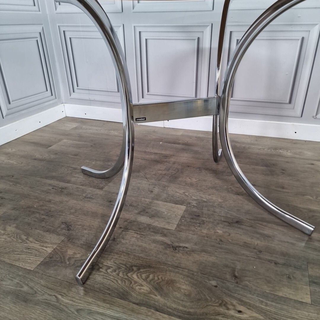 Retro Chrome Dining Table Modernist Round Frovi Wood Top Mid Century Modern photo vinterior