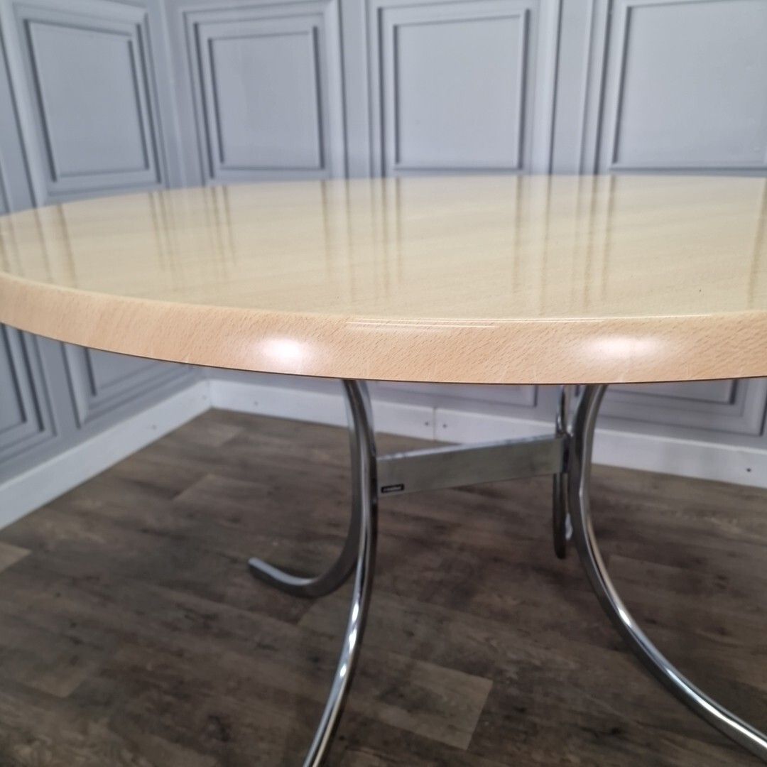 Furniture Retro Chrome Dining Table Modernist Round Frovi Wood Top Mid Century Modern photo