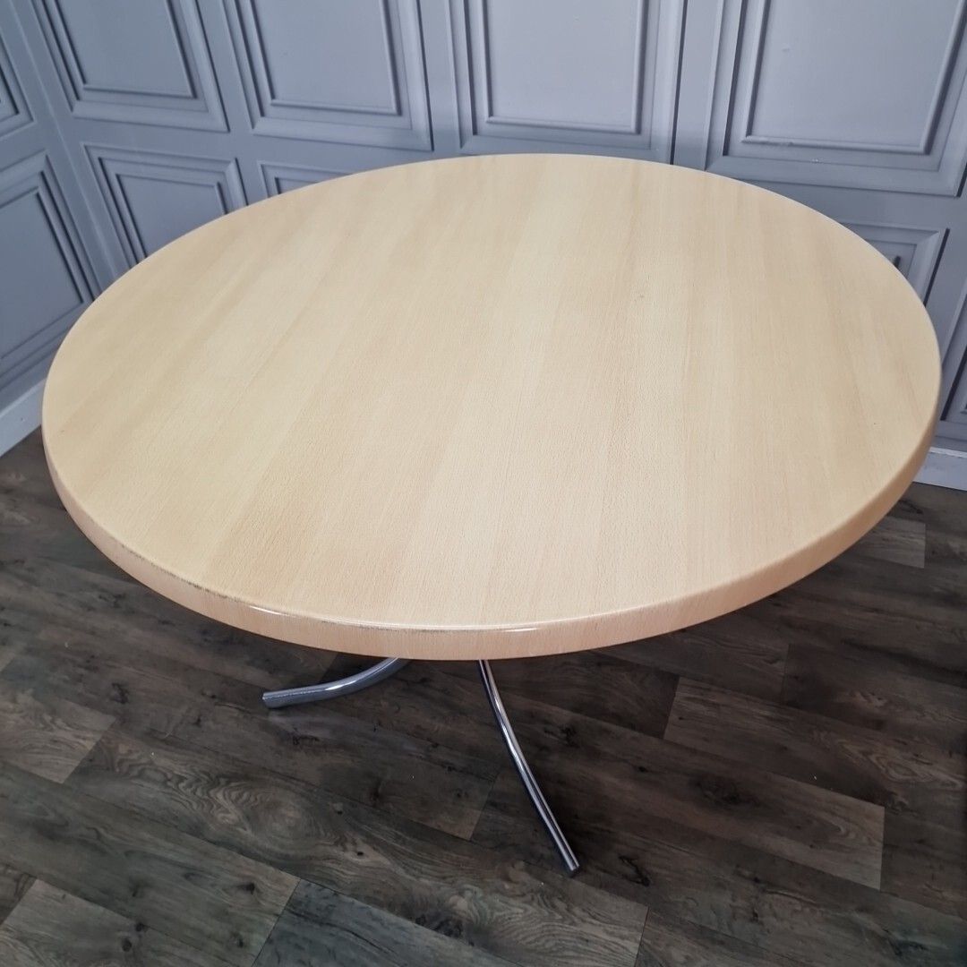 photo vintage Retro Chrome Dining Table Modernist Round Frovi Wood Top Mid Century Modern