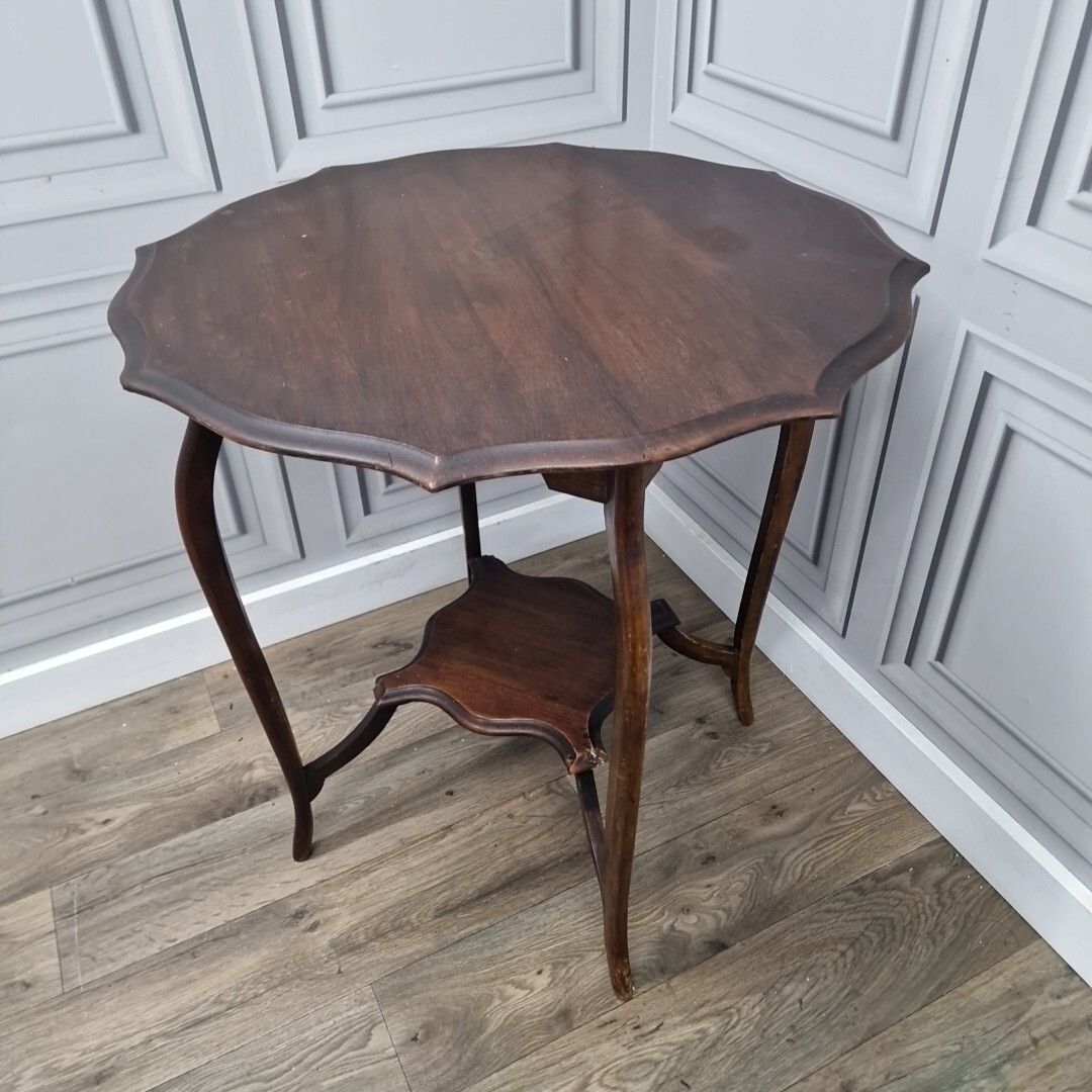 Antique Wooden Edwardian Table Window Side End  Scalloped Top 2 Tier Mahogany photo furniture