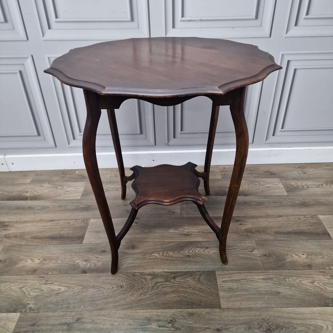 Antique Wooden Edwardian Table Window Side End  Scalloped Top 2 Tier Mahogany photo Furniture