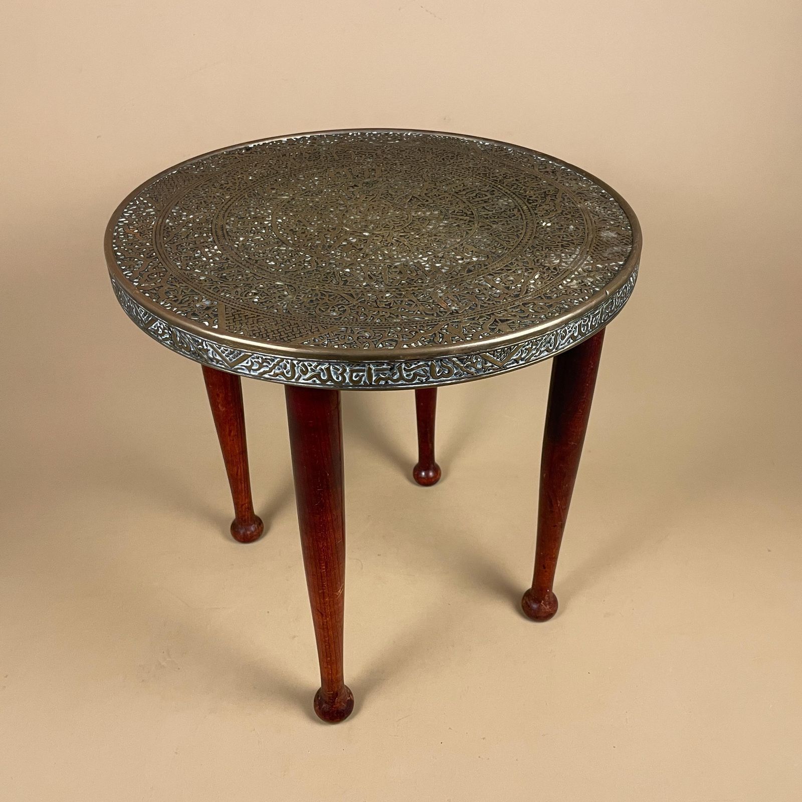 Antique Metal Gold Brass Indian Table Patterned Tray Top Asian Handmade Intricate Decorative Round Coffee Side Wood Pin Legs Vintage photo 115.0