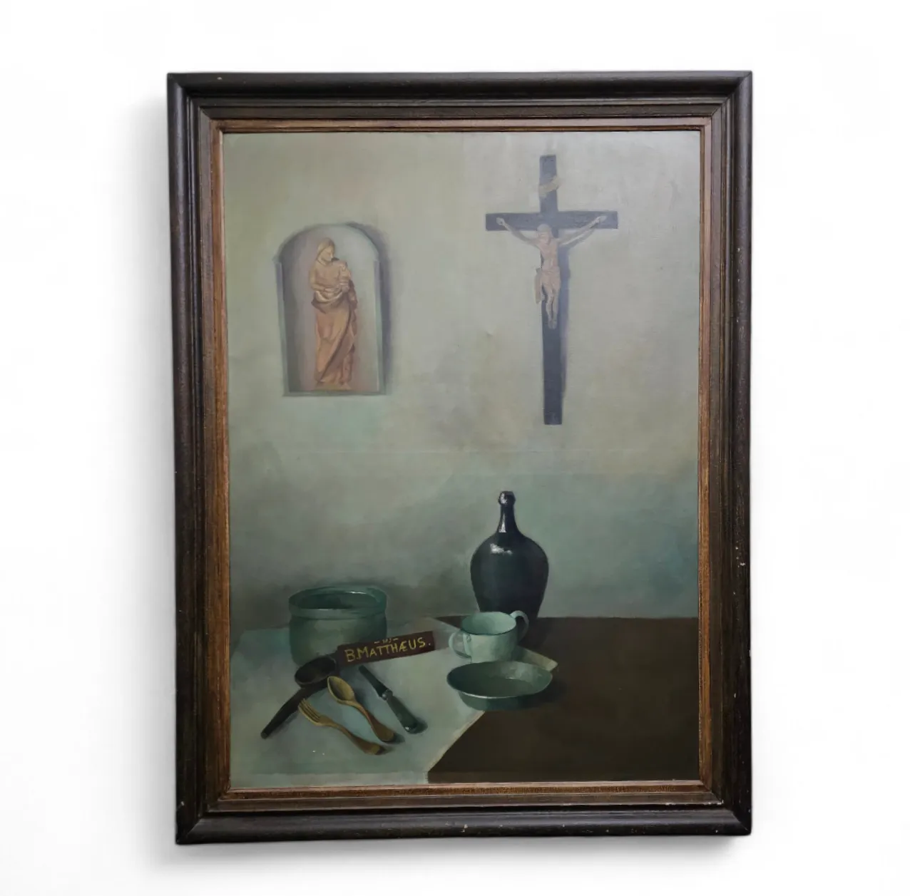 Jolie Laide / Oil On Canvas Still Life Painting / Religious Iconography With Everyday Objects / 1930s / Height 155 Cm