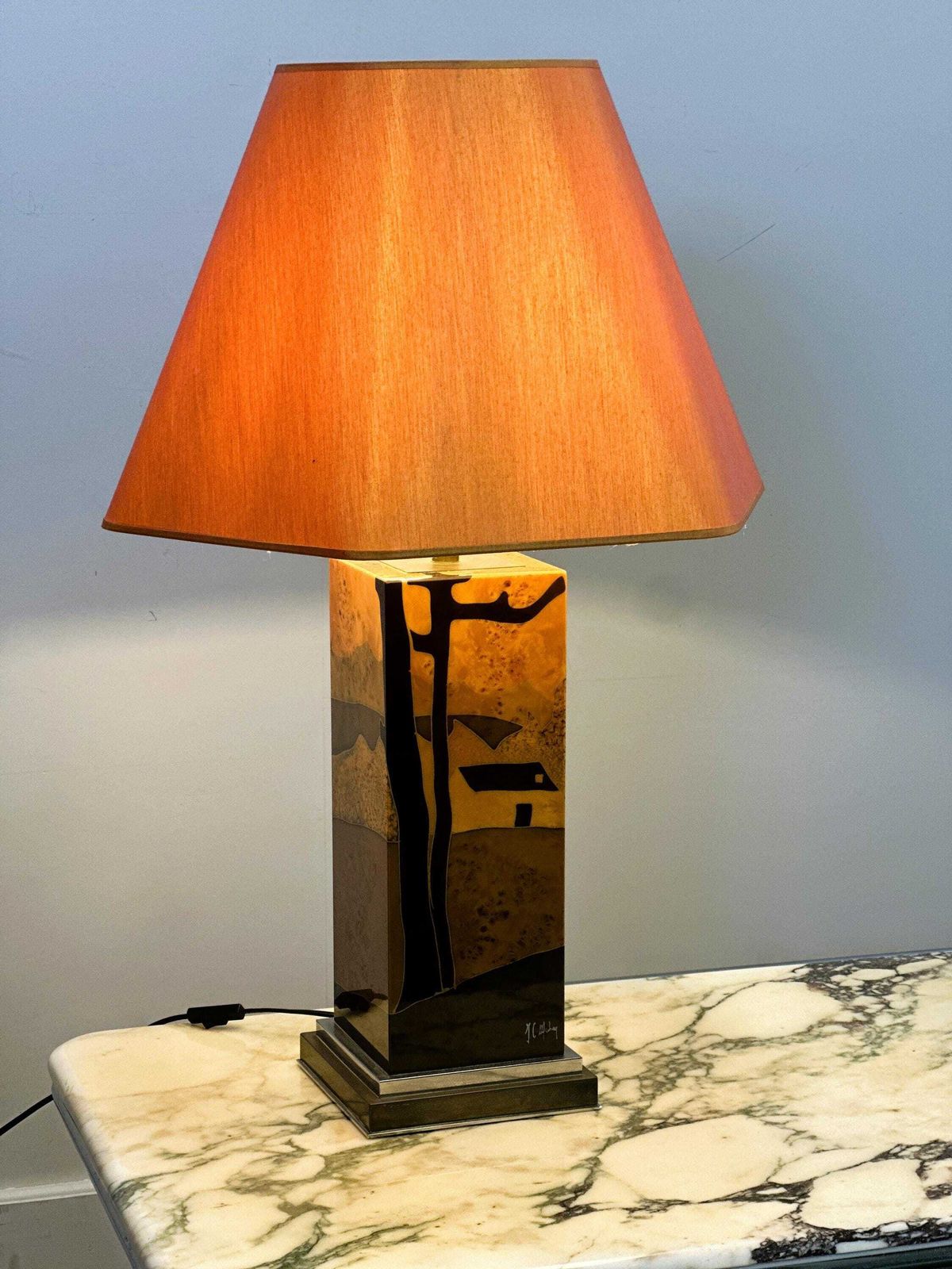 Rare 1970s Jean Claude Mahey Table Lamp In Burl Wood With Abstract Inlay And Original Shade photo for sale