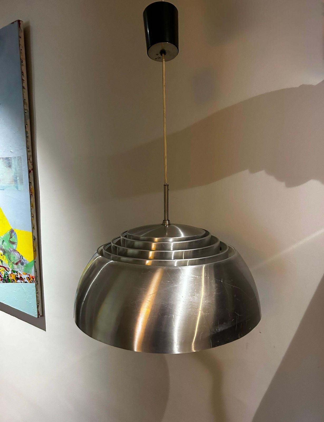 photo for sale Danish Pendant Light From The 1960s, Polished Aluminum With Opaline Glass Globe