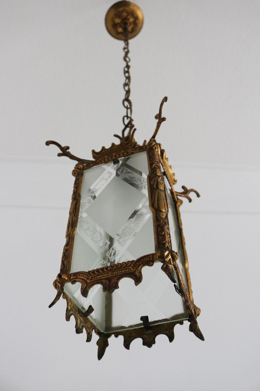 Elegant Antique Brass Etched Glass Hanging Lantern – Japanese / Oriental Inspired Design photo vintage