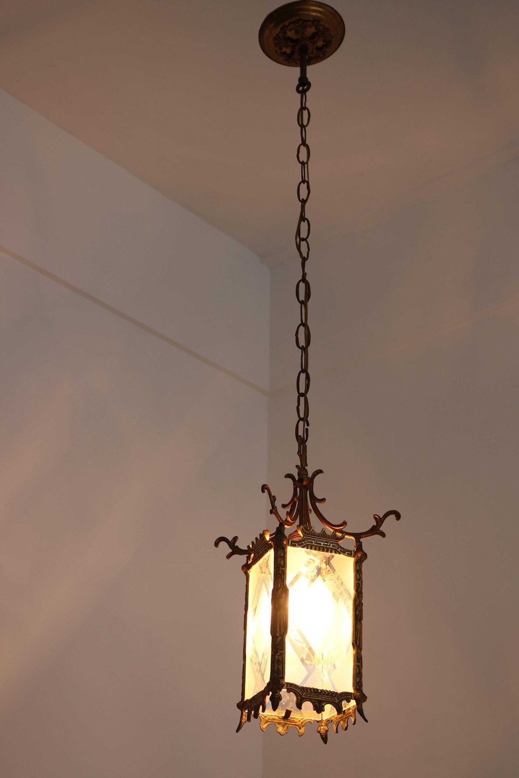 Lighting Elegant Antique Brass Etched Glass Hanging Lantern – Japanese / Oriental Inspired Design photo