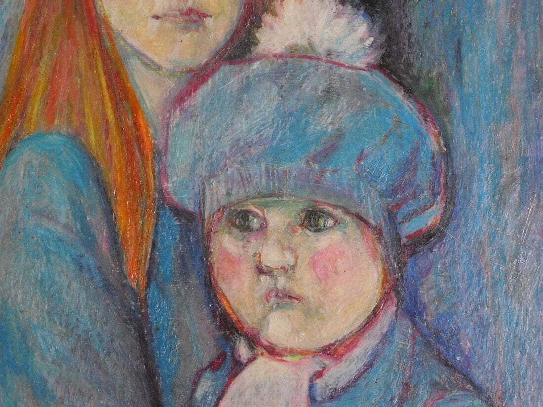 Pastel Portrait  Mother And Child  Framed Mid Century Style photo for sale