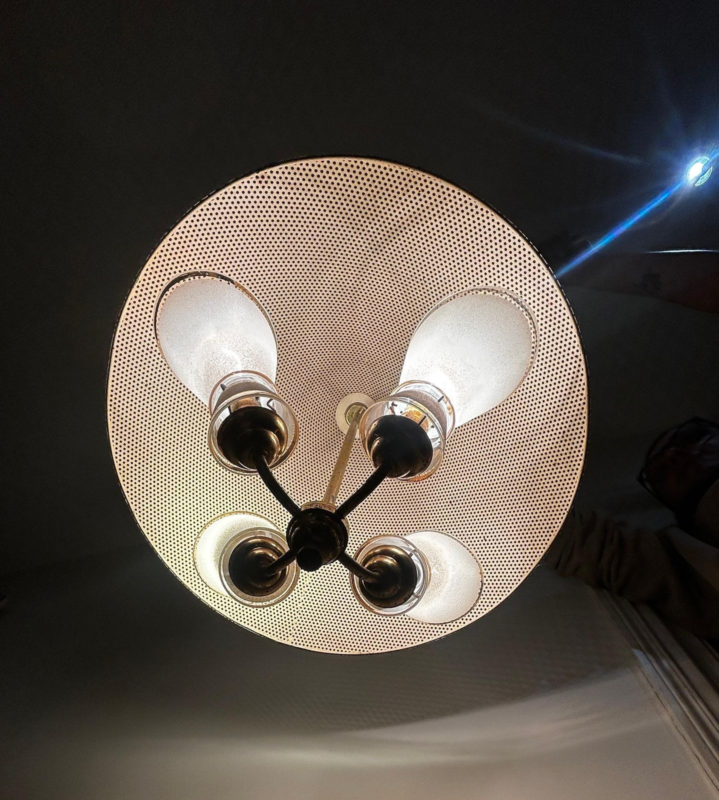 Italian Chandelier From The 1950s Yellow Perforated Metal Brass Frame photo Lighting