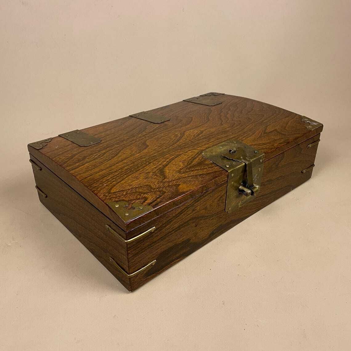 Oriental Wooden Box Trinket Jewellery Storage Keepsake Brown Wood Gold Brass Metal Trims Decoration Rectangle Antique Symbols Inner photo for sale