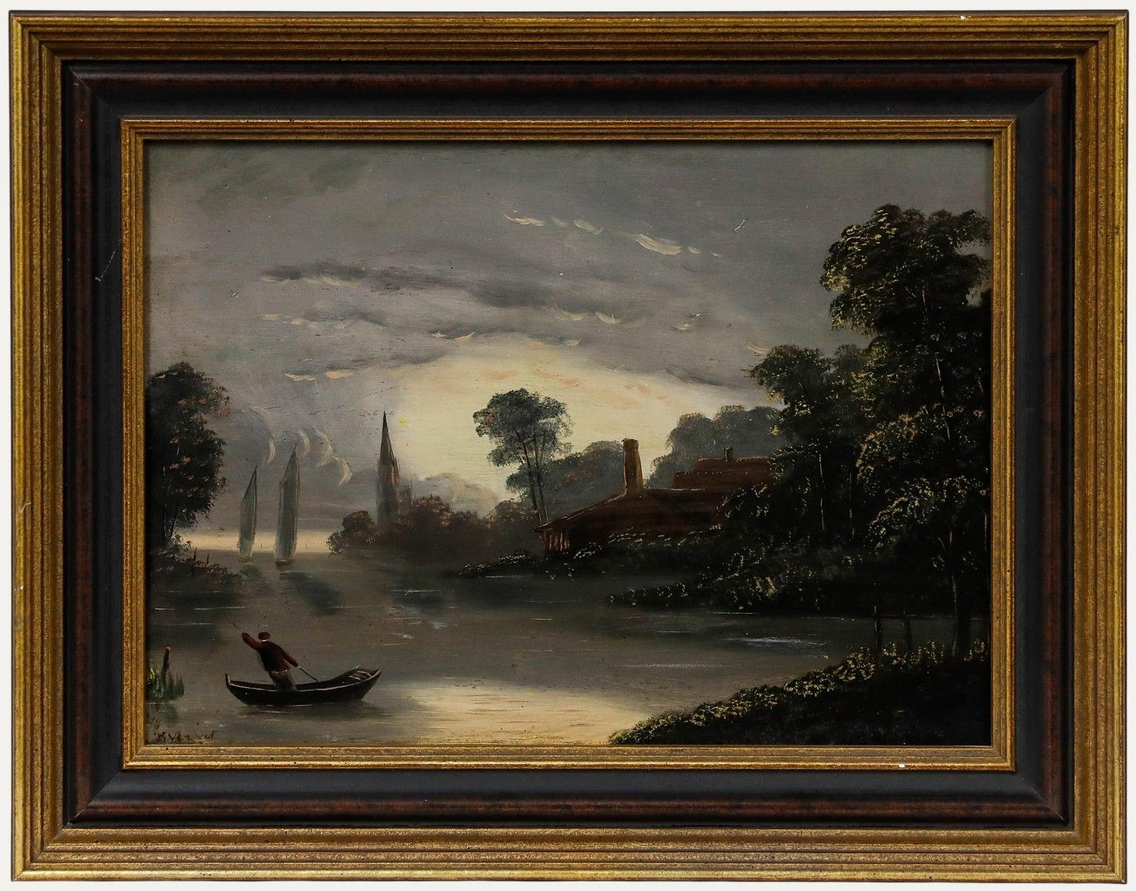 Framed Early 20th Century Oil Boating At Dusk