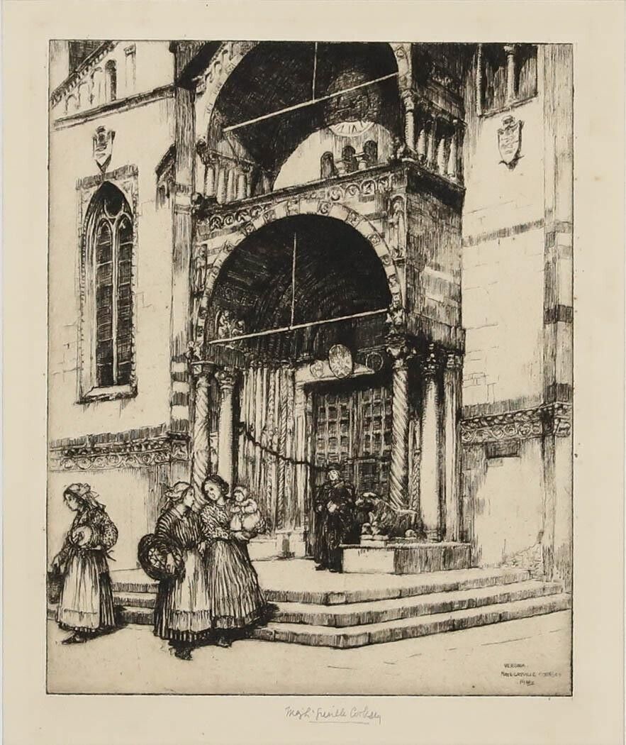 May Louise Greville Cooksey (1878 1943) Framed 1916 Etching, Verona Cathedral photo furniture