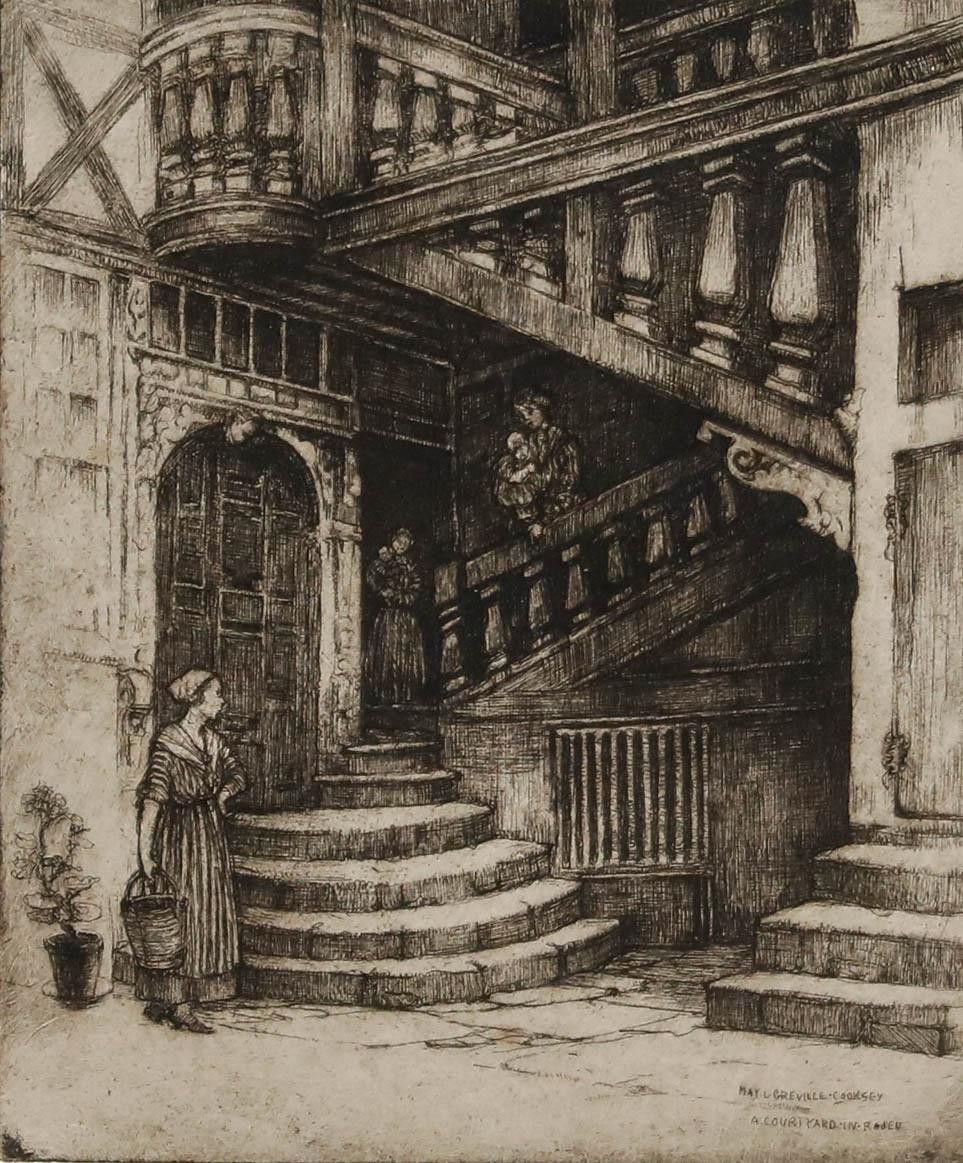 May Louise Greville Cooksey (1878 1943) Etching, A Courtyard In Rosen photo furniture