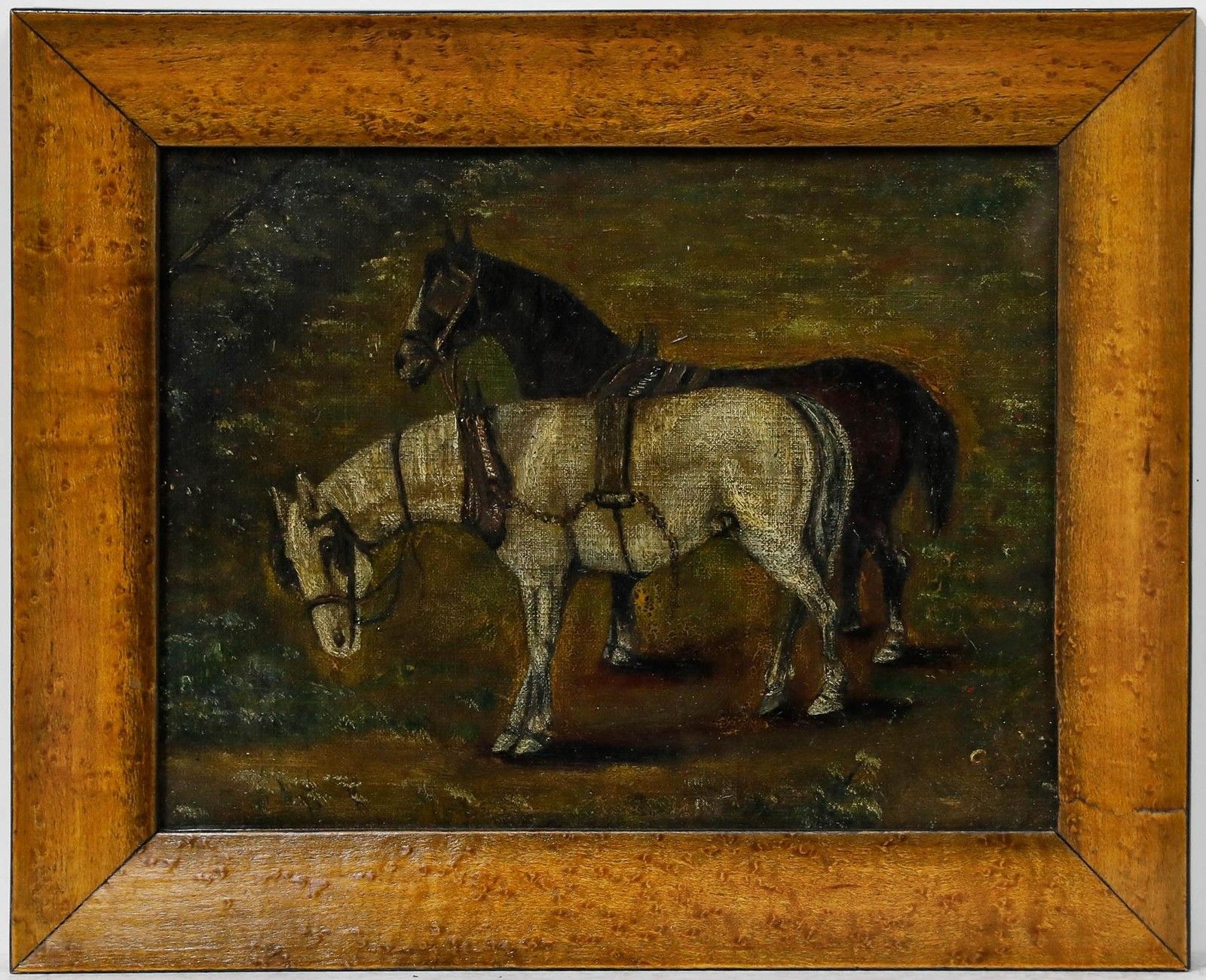 Framed Early 20th Century Oil Horses In Tack