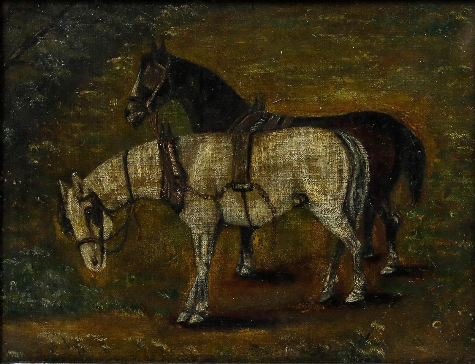 Framed Early 20th Century Oil Horses In Tack photo furniture