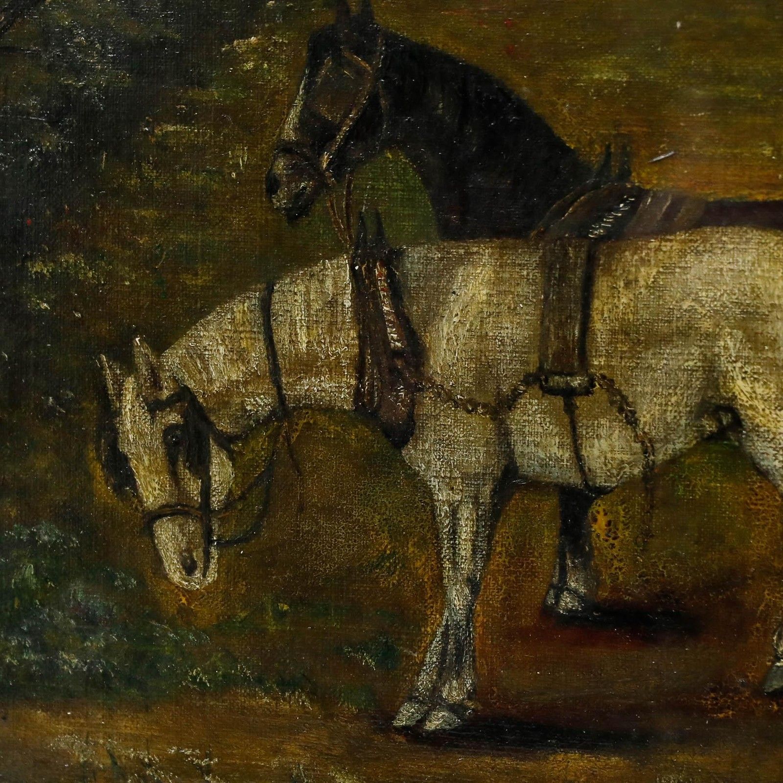 Framed Early 20th Century Oil Horses In Tack photo Art