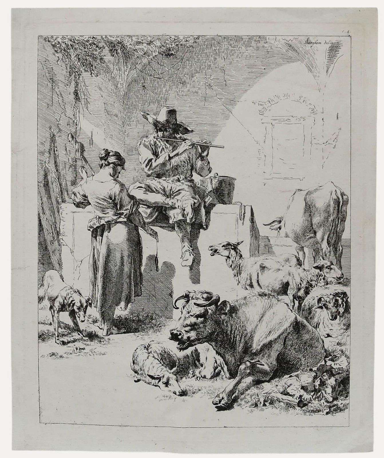 After Nicolaes Berchem (1620 1683) Etching, The Shepherd And The Spinner