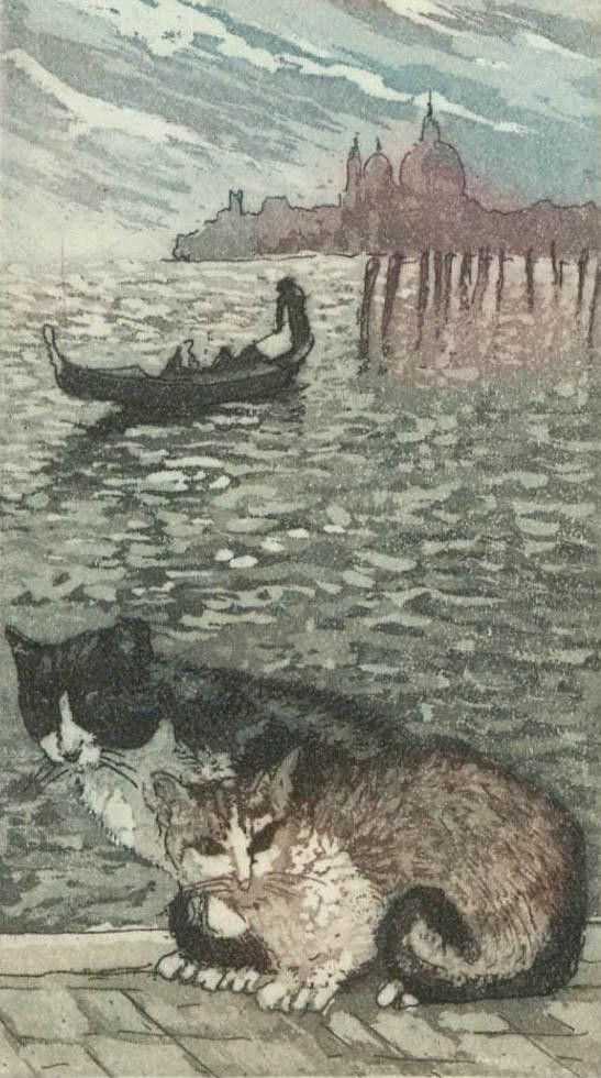 Cat Outram Contemporary Aquatint, Cats In Venice photo furniture