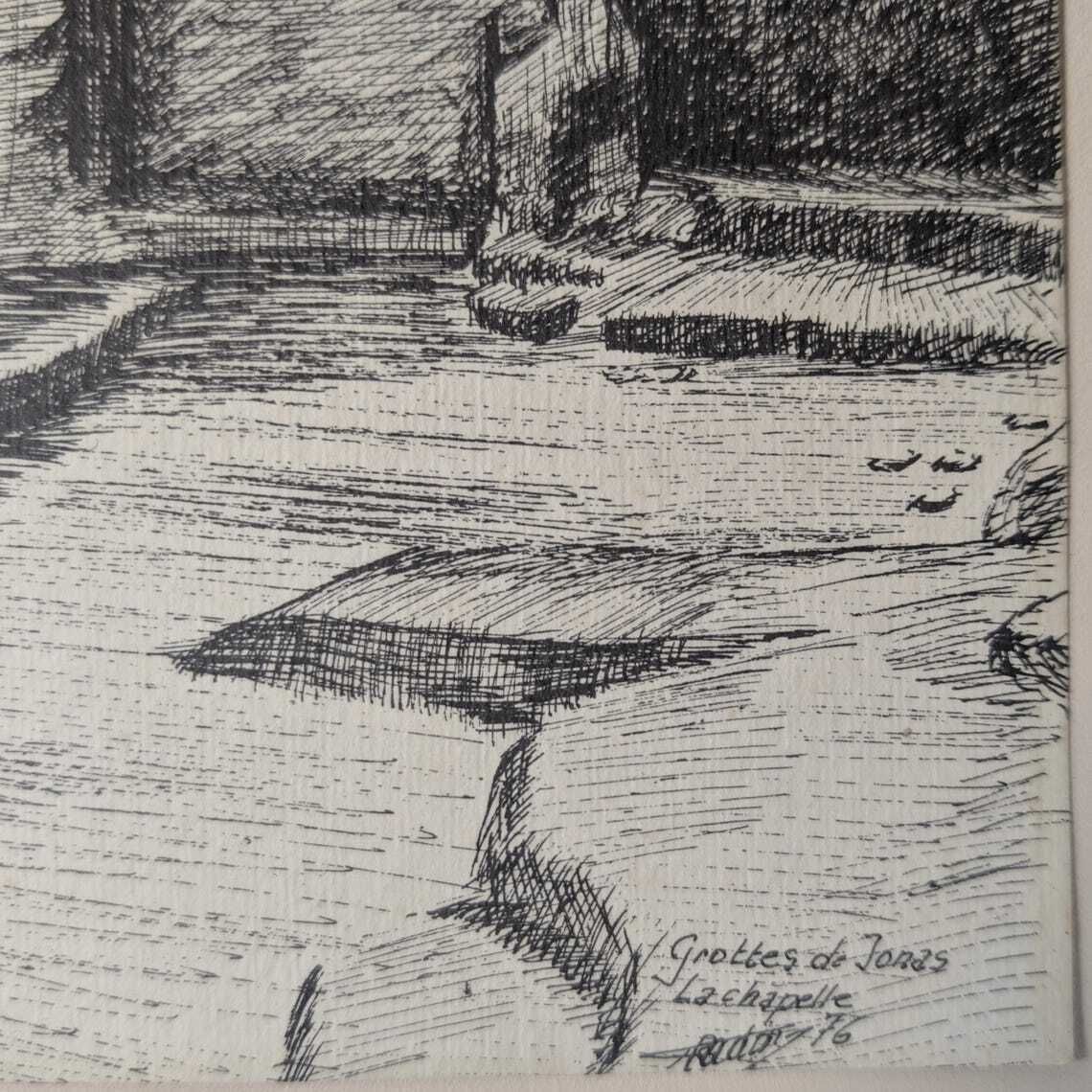 Vintage French Radu Etching Grotto Of Jonas, Auvergne, France, Troglodyte Chapel, Architecture Art photo Art