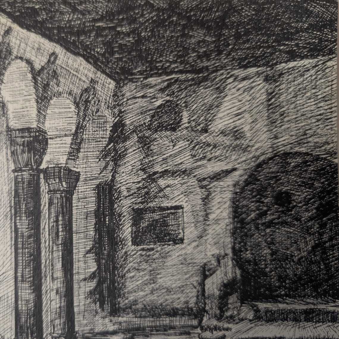 Vintage French Radu Etching Grotto Of Jonas, Auvergne, France, Troglodyte Chapel, Architecture Art photo 55.0