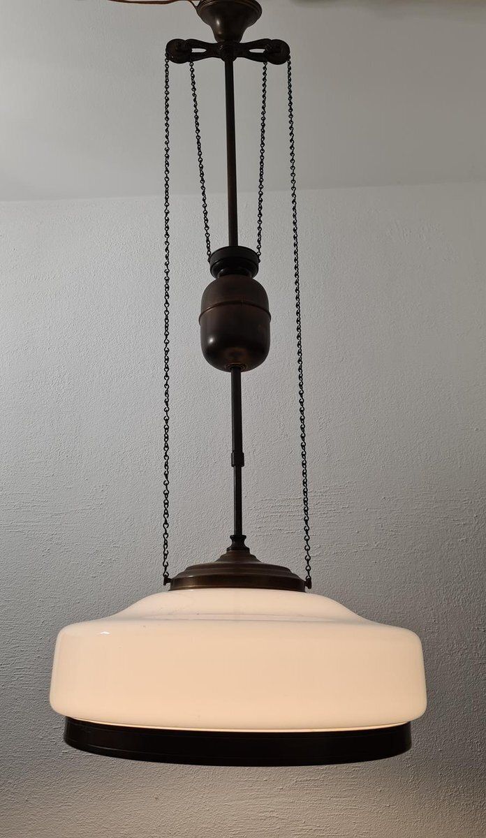 696.0 Art Deco Adjustable Pendant Lamp In Brass And Opal Glass, 1930s 1940s photo