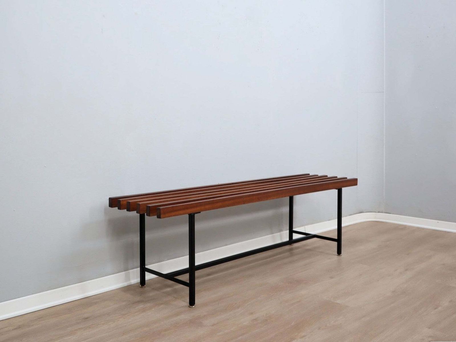 Mid Century Slatted Teak Bench With Iron Frame Italy 1950s