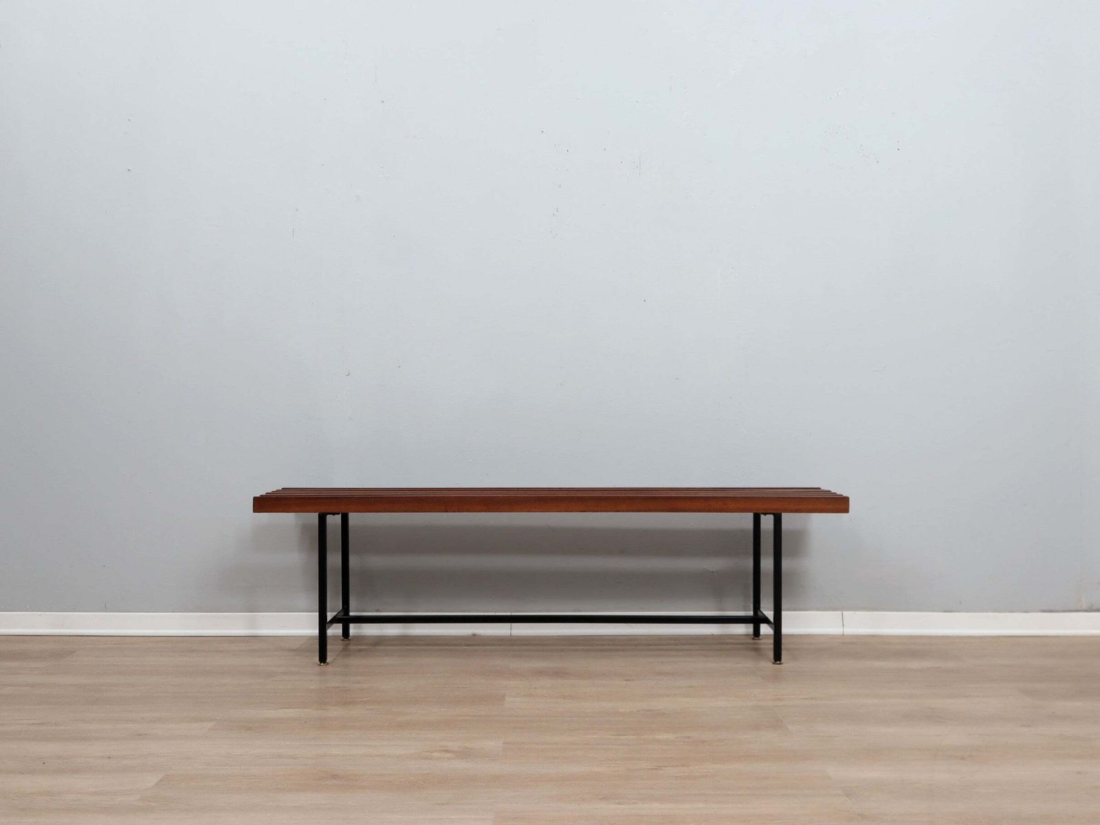 Mid Century Slatted Teak Bench With Iron Frame Italy 1950s photo vinterior