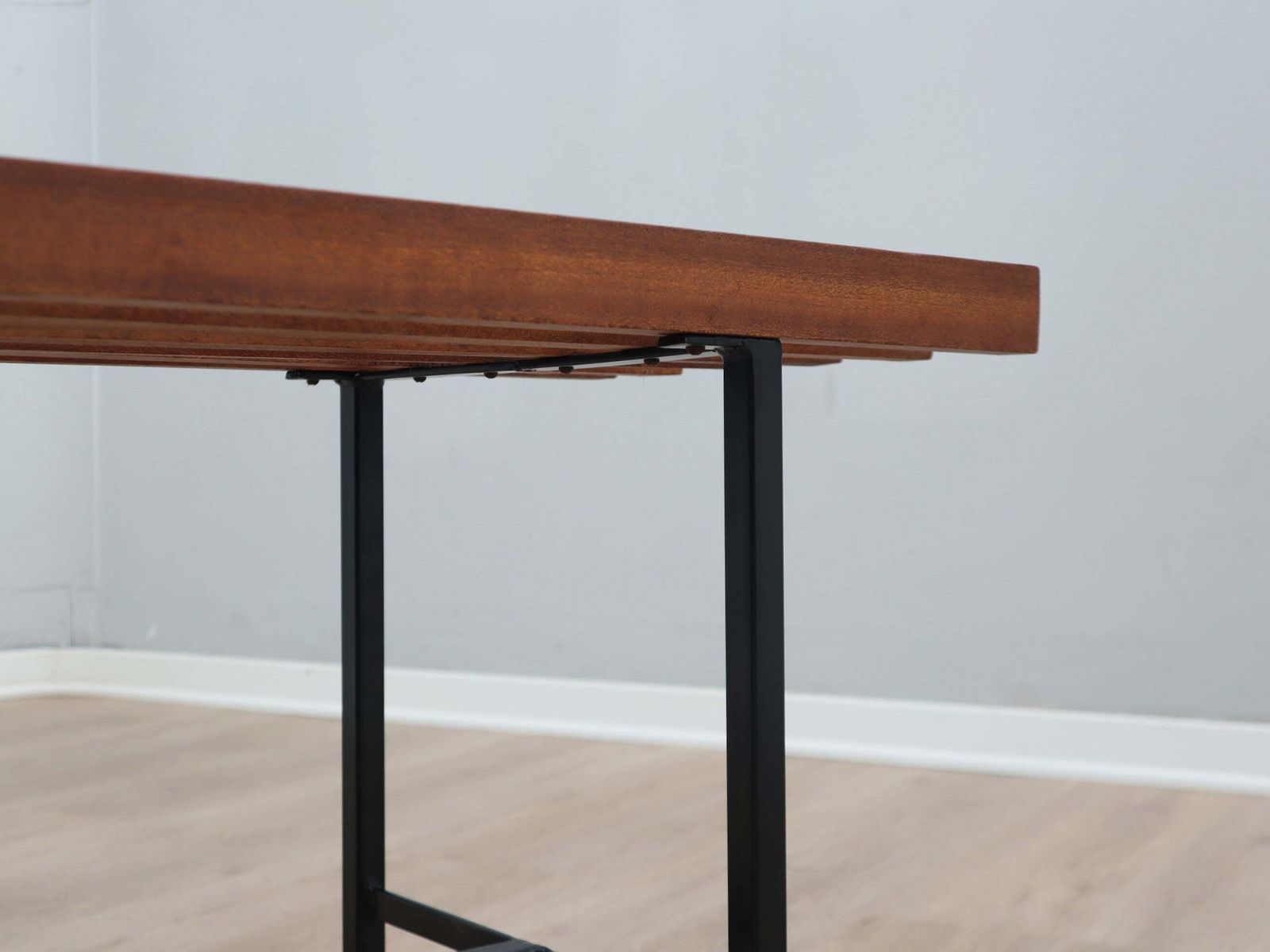 photo for sale Mid Century Slatted Teak Bench With Iron Frame Italy 1950s