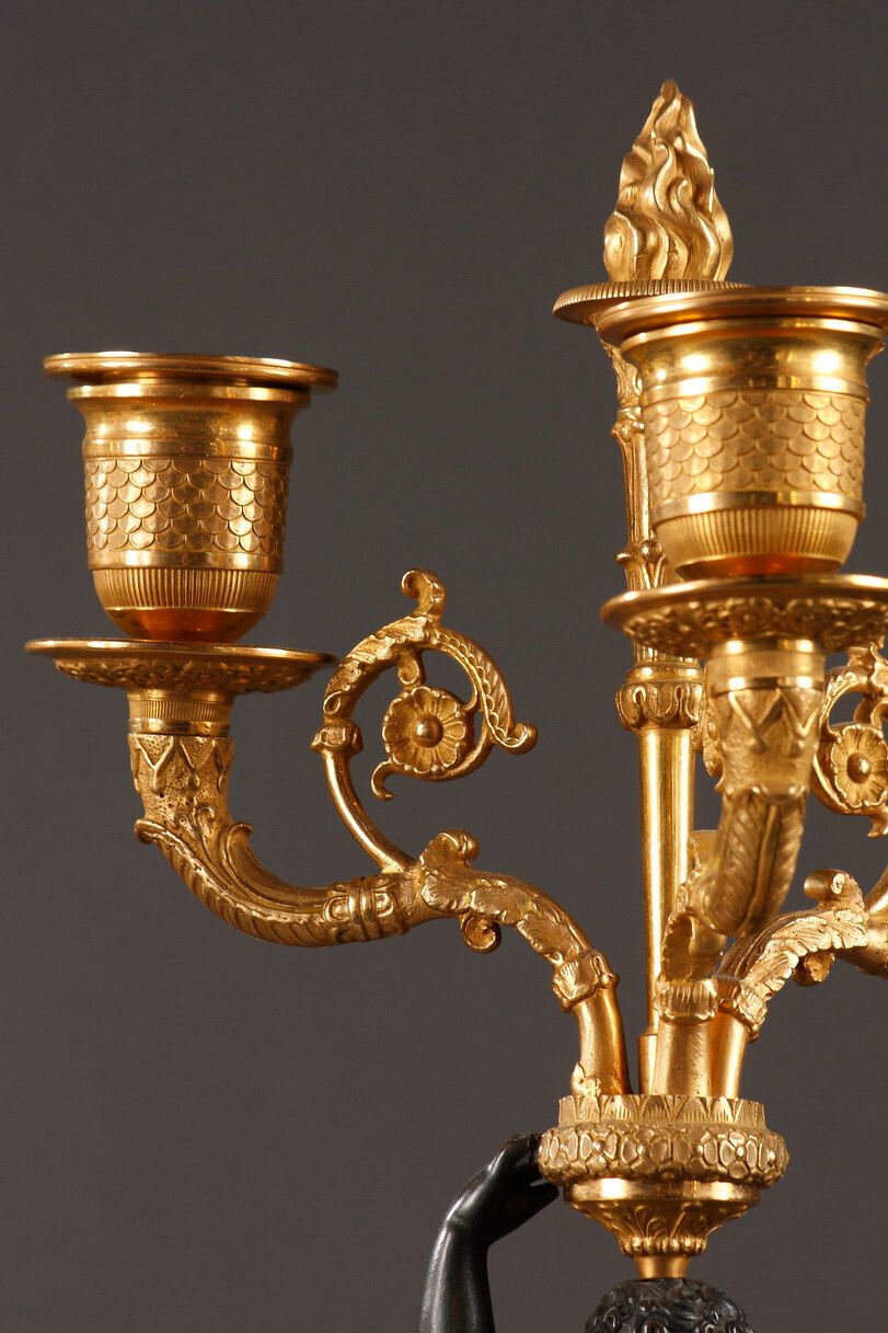 photo for sale Pair Of Gilt Bronze And Patina Candelabra, Restoration Period